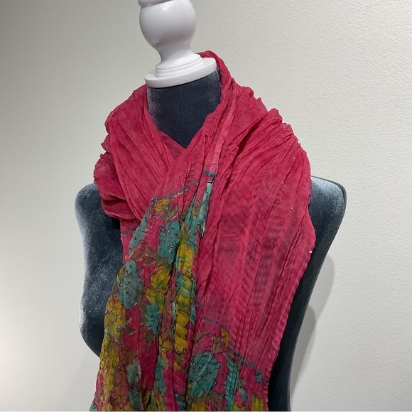 Gorgeous Multicolor Pink Shawl Coverup Scarf Length 85”  FLower Motif Embellis - Picture 6 of 8